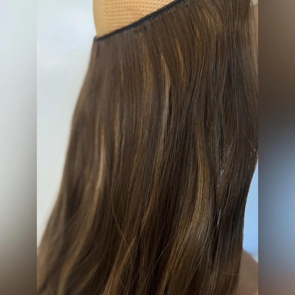 Halo Wavy Hair Extensions Chesnut Brown with Medium Blonde Highlights 18 In
